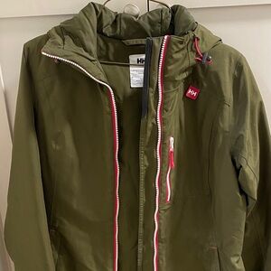 Helly Hansen Olive Green Hooded Jacket with Pink Trim, women’s size Small.